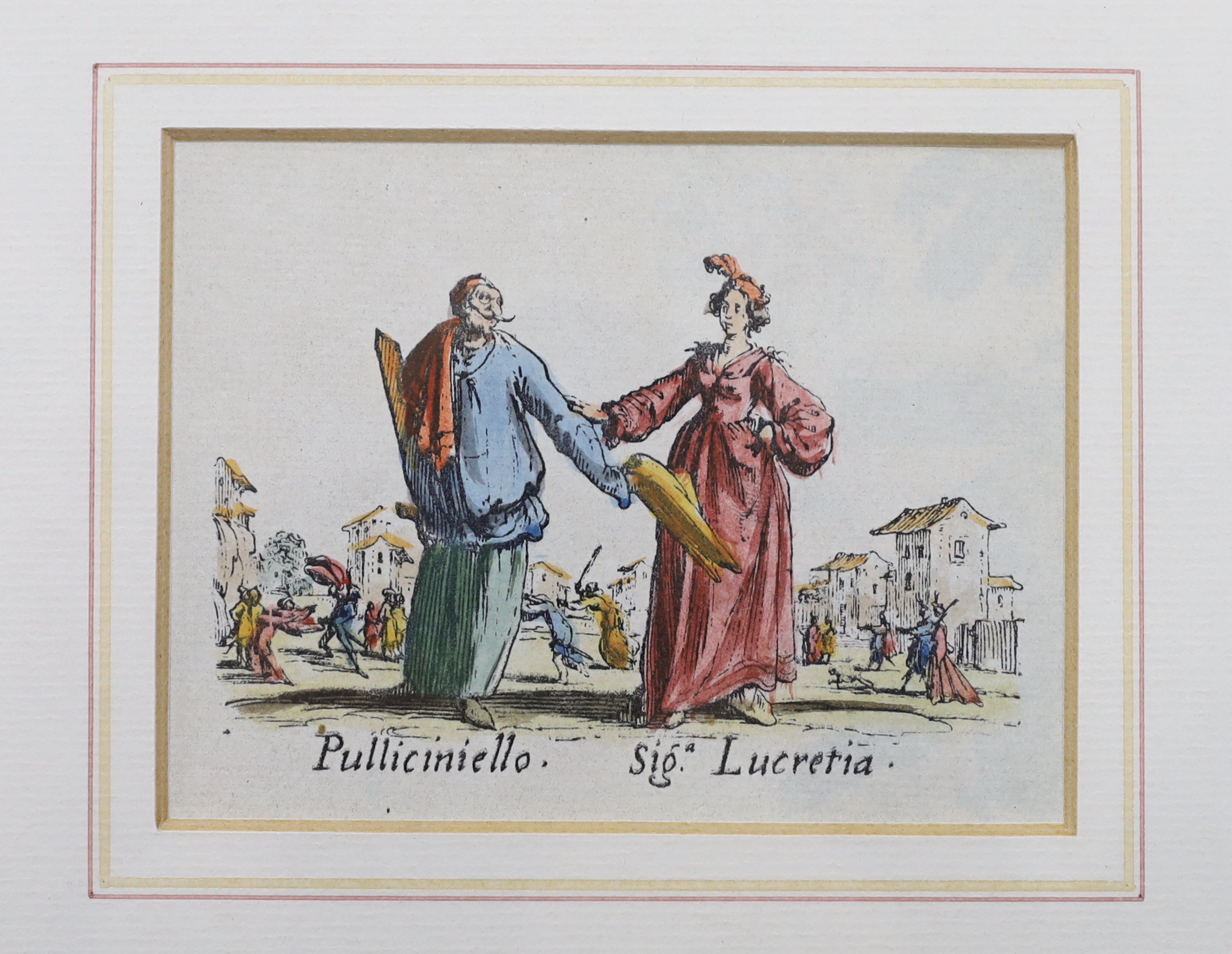 After Jaques Callot (French, 1592-1635), set of six colour prints from the series ‘Balli Di Sfessania’, 8 x 10cm